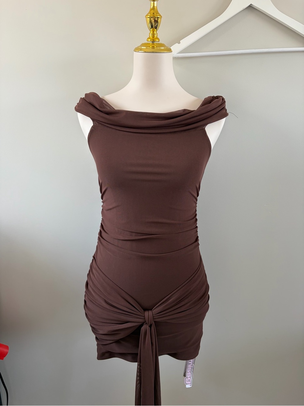 Missguided Chocolate Brown Off-Shoulder Tie-Front Mini Dress